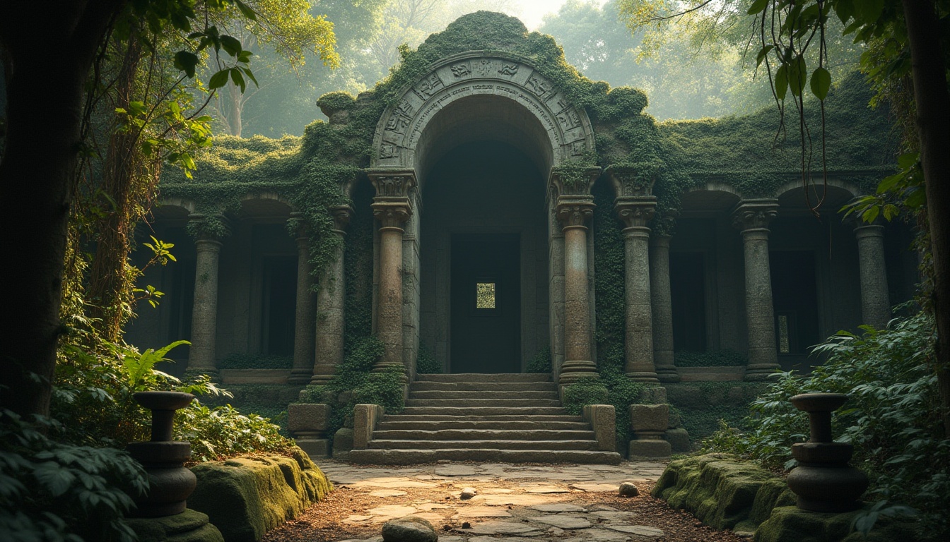 Prompt: Ancient, mystical, stone temple, ruin, overgrown with vines, moss, and ferns, intricate carvings on stone walls, grand stone pillars, entrance with massive stone doors, surrounded by dense jungle, misty atmosphere, warm golden light filtering through trees, mysterious ambiance, ancient artifacts scattered around, stone pedestals, mysterious runes etched into stones, soft focus, cinematic composition, HDR.