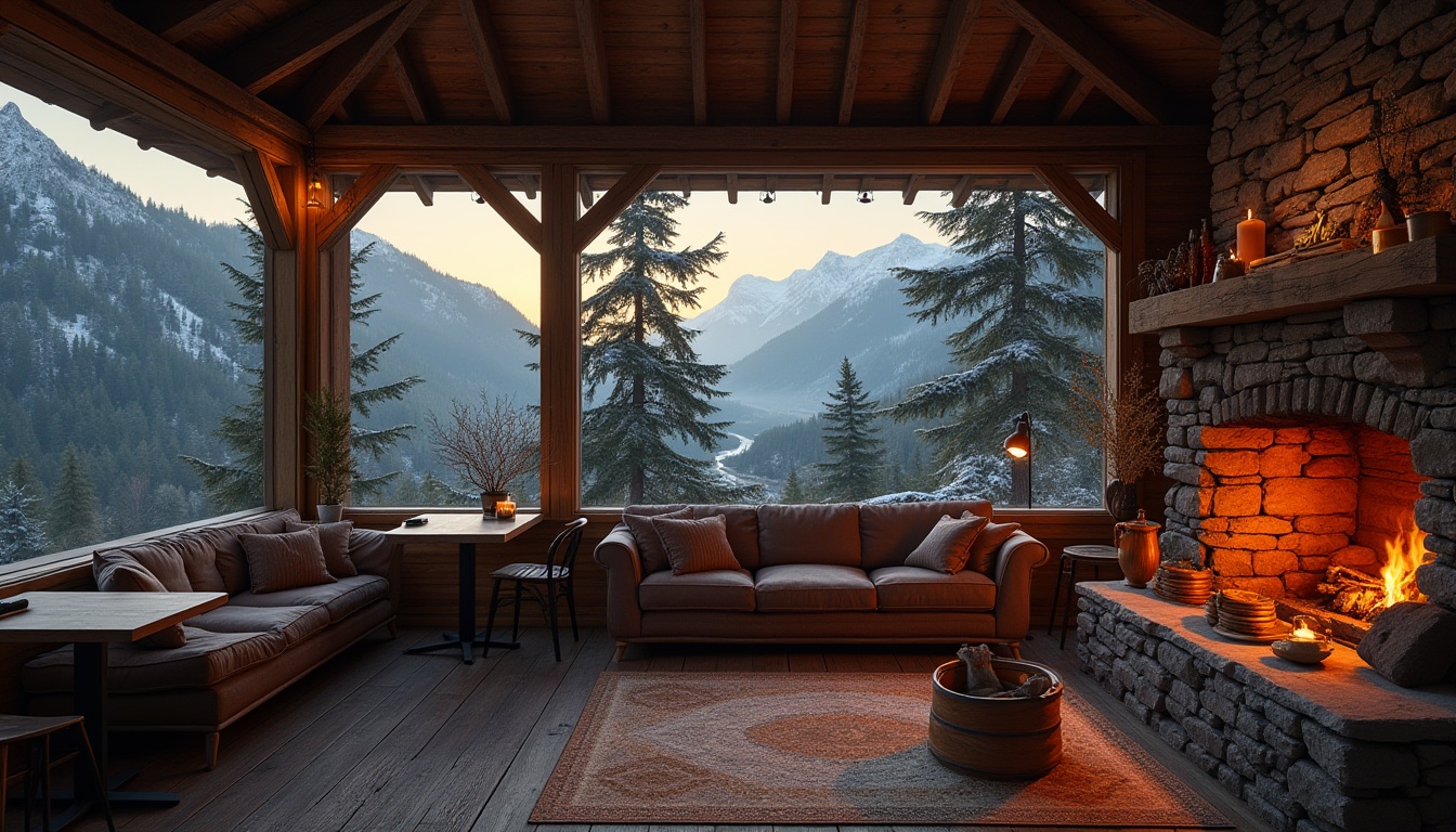 Prompt: Mountainous landscape, pub regionalism design, warm cozy atmosphere, wooden interior, stone walls, dim lighting, rustic decorations, vintage furniture, comfortable sofas, crackling fireplace, scenic views, snow-capped mountains, misty valleys, evergreen trees, winding roads, foggy mornings, golden hour, soft focus, cinematic composition, 3/4 view, shallow depth of field, warm color tone.