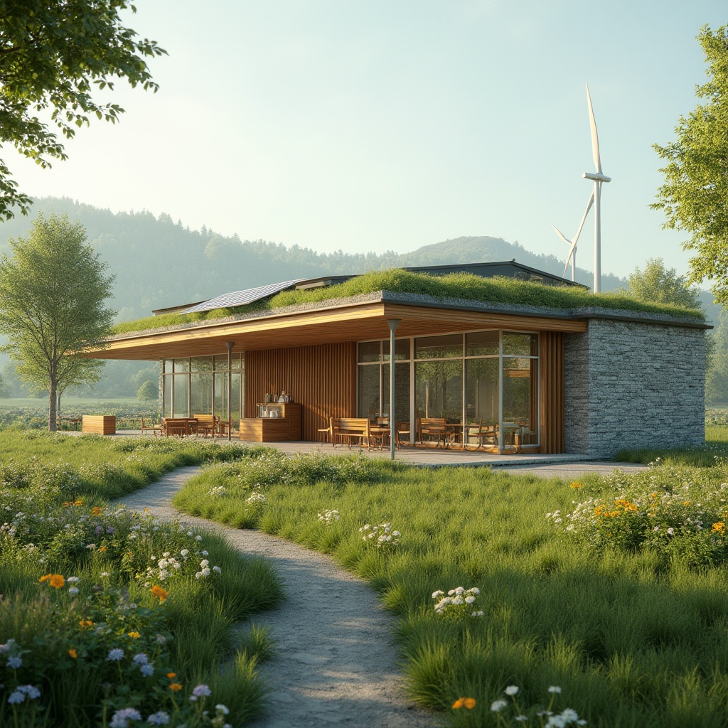 Prompt: Modern gas station, integrating grassland, eco-friendly design, green roof, solar panels, wind turbines, natural stone walls, wooden accents, large windows, minimalist interior, comfortable seating area, lush greenery, wildflowers blooming, gentle slope, meandering path, rustic benches, rural landscape, serene atmosphere, warm sunlight, soft shadows, shallow depth of field, cinematic composition.