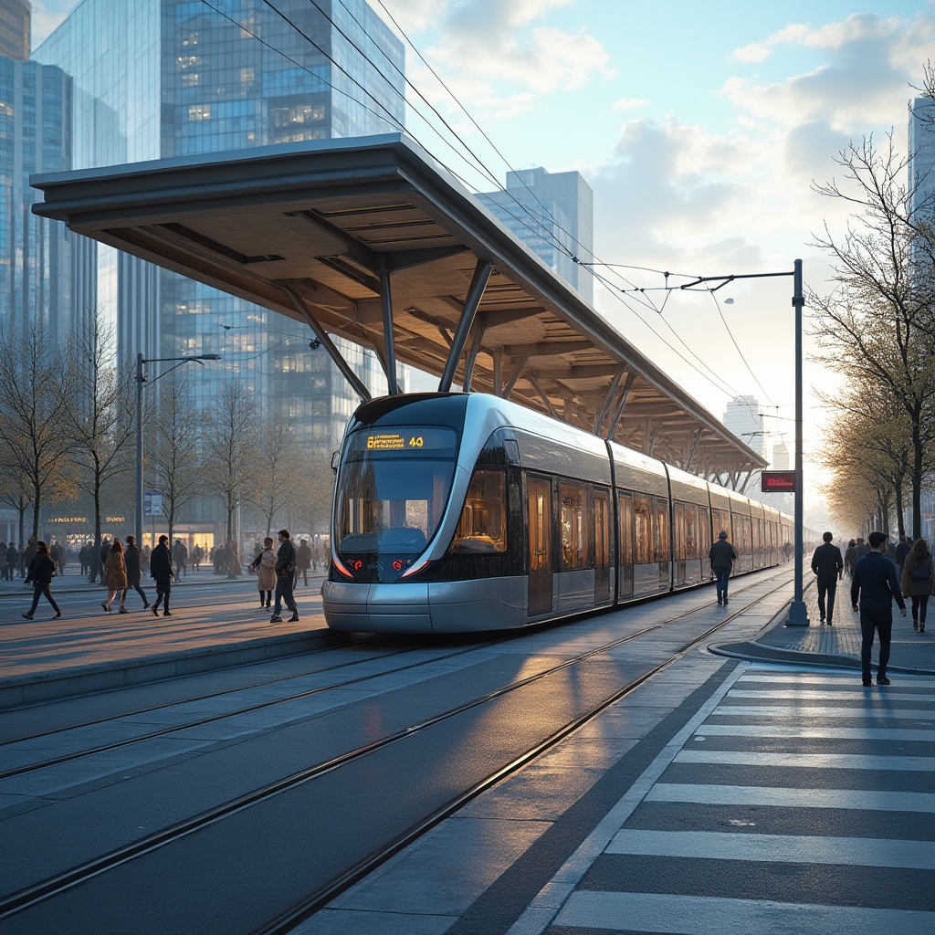 Prompt: Modern tram station, steel-framed structure, futuristic design, sleek lines, metallic texture, glass façade, cantilevered roof, urban setting, cityscape, busy street, pedestrian crossing, tram tracks, electric wires, softbox lighting, morning commute, rush hour scene, shallow depth of field, vibrant colors, cinematic composition.