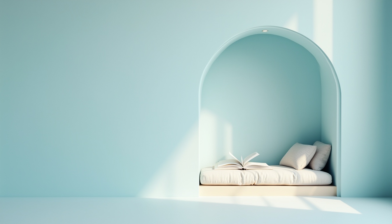 Prompt: Soft pastel light blue wall, calming atmosphere, serene ambiance, gentle curves, rounded shapes, minimalist decor, cozy reading nook, comfortable cushion, soft focus, warm lighting, subtle gradient effect, delicate texture, peaceful background, soothing mood, relaxation concept.