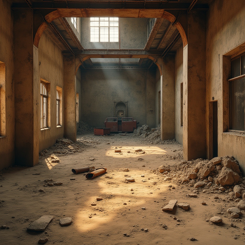 Prompt: Desert landscape, sandy dunes, abandoned industrial site, rusted machinery, sand-casted concrete walls, worn-out metal beams, old factory, broken windows, scattered debris, natural light filtering through holes, warm color tone, textured materials, rough surfaces, decayed structures, abandoned atmosphere, 3/4 composition, high-angle shot, dramatic lighting, cinematic mood.