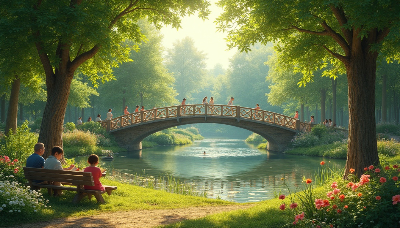 Prompt: Serenity park, sunny day, vibrant greenery, tranquil lake, wooden bridge, gentle arches, rustic railings, lush foliage, colorful flowers, walking path, jogging trail, picnic area, people relaxing, reading books, children playing, happy laughter, warm sunlight, soft shadows, natural textures, earthy tones, peaceful atmosphere, cinematic composition, wide-angle shot.