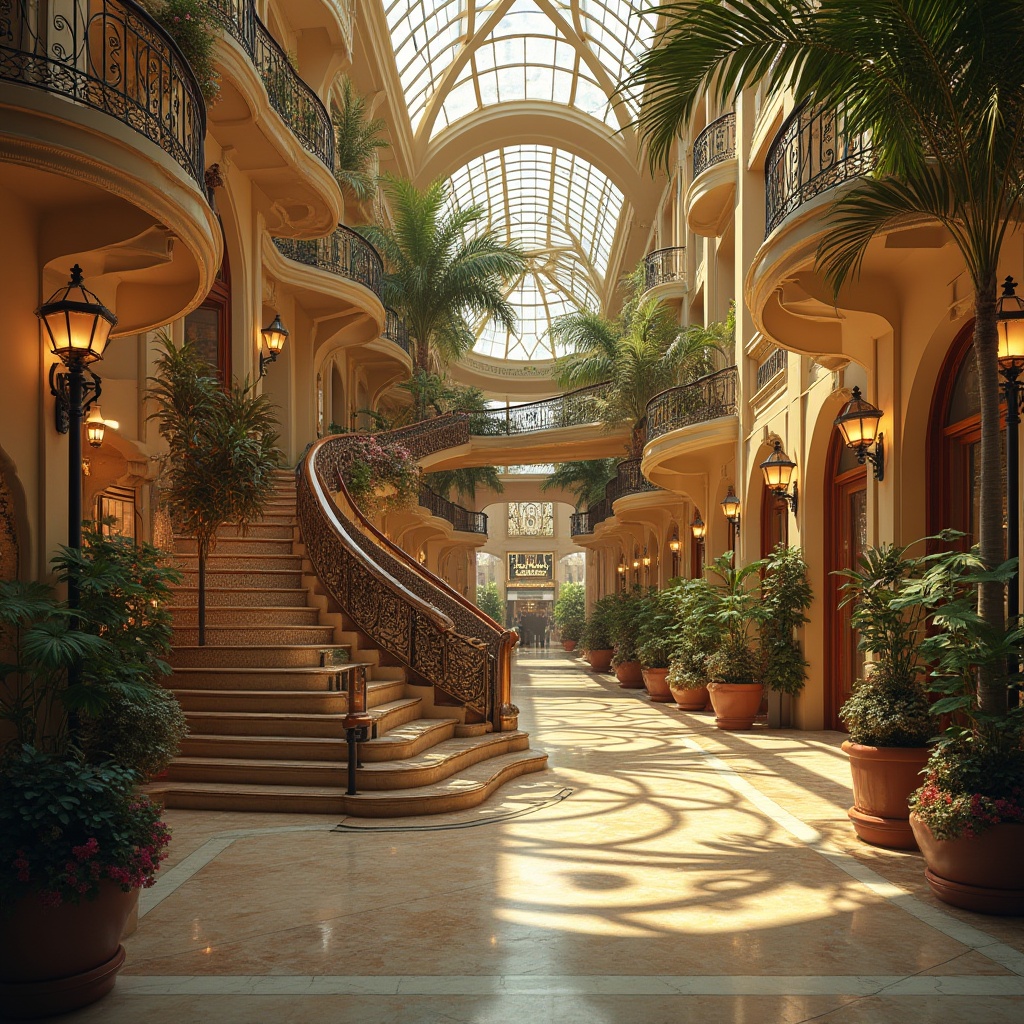 Prompt: Art Nouveau shopping center, grand staircase, bronze color accents, ornate metalwork, curved lines, flowing patterns, luxurious atmosphere, high ceiling, marble floors, intricate mosaics, stained glass windows, soft warm lighting, afternoon ambiance, elegant storefronts, decorative lamp posts, lush greenery, tropical plants, flower arrangements, refined architectural details, 3/4 composition, low-angle shot, shallow depth of field.