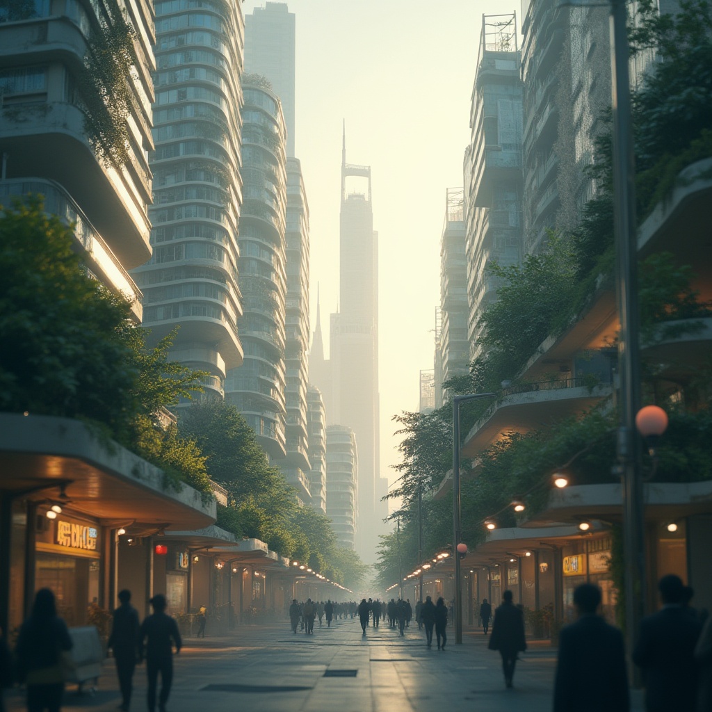 Prompt: urban setting, futuristic cityscape, sleek skyscrapers, curved lines, green roofs, solar panels, living walls, vines crawling up buildings, LED streetlights, misty morning atmosphere, shallow depth of field, warm color palette, cinematic composition, 3/4 view, low-angle shot, dramatic lighting, metropolitan landscape, bustling streets, pedestrians in motion, blurred background, sharp focus on architecture.