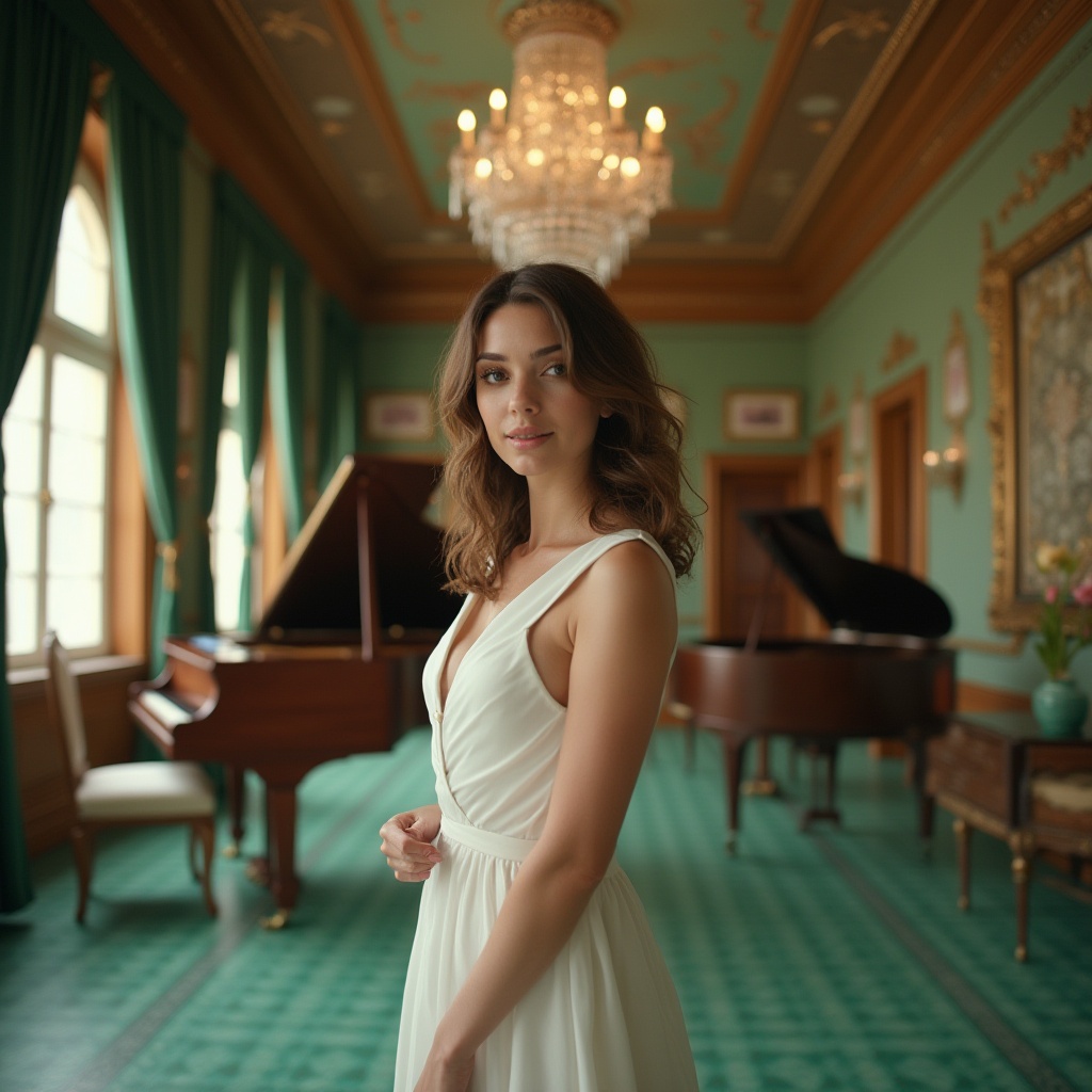 Prompt: Concert house interior, elegant mature lady, 35yo, curly brown hair, light makeup, white dress, mint green tile flooring, grand piano, velvet curtains, crystal chandelier, ornate wooden walls, luxurious furniture, softbox lighting, warm atmosphere, cinematic composition, shallow depth of field, bokeh effect.