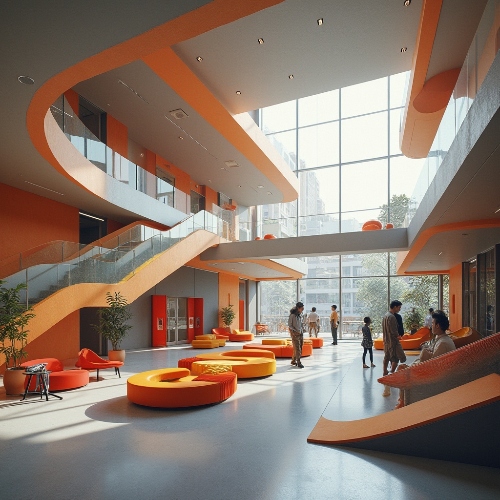 Prompt: University campus, modern architecture, functional spaces, expressionist design, bold geometric shapes, vibrant colors, abstract sculptures, futuristic furniture, sleek lines, minimalist decor, open floor plan, natural light pouring in, urban landscape views, cityscape background, daytime, soft focus, shallow depth of field, 3/4 composition, warm ambient lighting.