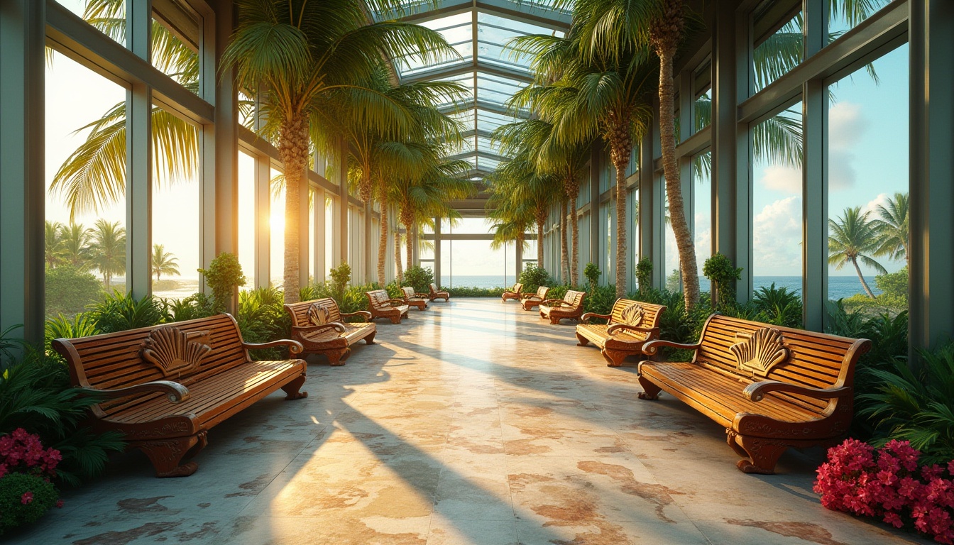 Prompt: Tropical island train station, palm trees surrounding, vibrant floral arrangements, wooden benches with intricate carvings, ocean-view waiting area, glass roof allowing natural light, modern minimalist architecture, sleek metal pillars, coral-inspired columns, seashell-patterned flooring, lush greenery hanging from ceiling, warm golden lighting, 3/4 composition, soft focus on background, shallow depth of field, morning sunlight filtering through windows, gentle sea breeze.