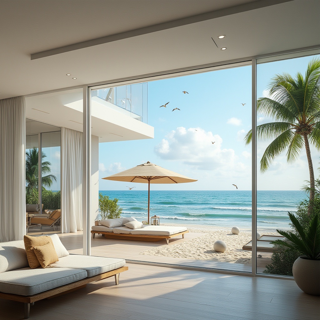 Prompt: Beach modern villa, large windows, sliding glass doors, bright interior, natural light pouring in, white walls, minimalist decor, sleek lines, wooden floors, coastal view, ocean waves crashing, seagulls flying overhead, sunny day, clear blue sky, few puffy clouds, outdoor furniture, rattan sofa, oversized umbrella, lanterns, beach balls, tropical plants, palm trees swaying gently, warm soft lighting, 3/4 composition, shallow depth of field.