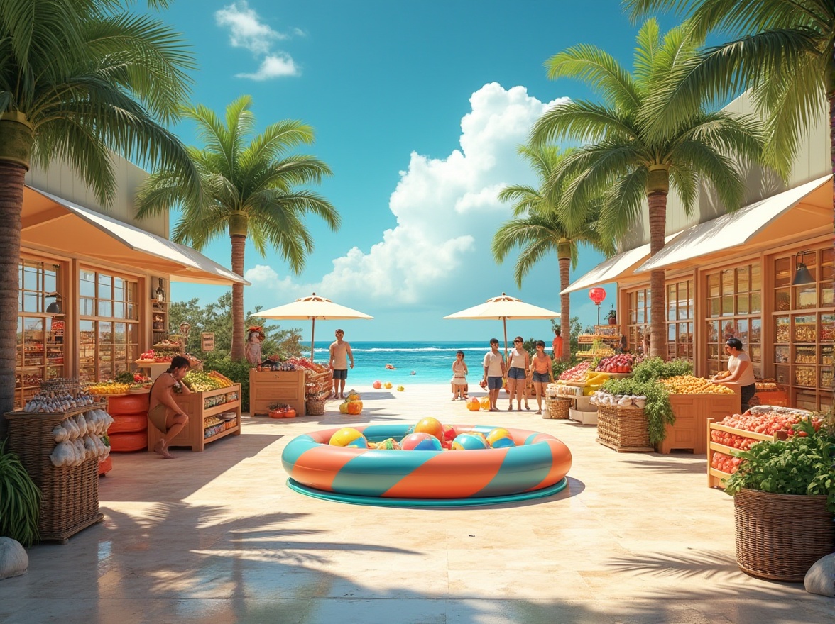 Prompt: Beach themed grocery store, sunny day, bright blue sky, white puffy clouds, palm trees lining the aisles, sandy floor, wicker baskets, surfboard-shaped shelves, seashell-patterned tiles, tropical fruits and vegetables on display, colorful beach balls, inflatables, and pool toys scattered around, a giant inflatable beach ball pit in the center, customers wearing sunglasses and summer clothing, casual and relaxed atmosphere, natural light pouring in through large windows, warm and inviting ambient lighting.