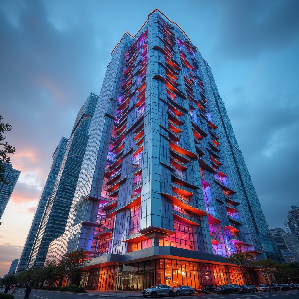 Prompt: Colorful modern skyscraper, urban cityscape, daytime, vibrant colors, glass facade, metallic structure, geometric patterns, gradient windows, LED lights, rooftop garden, curved lines, futuristic feel, reflective surfaces, 3/4 composition, low-angle shot, dramatic lighting, high contrast, HDR effect.