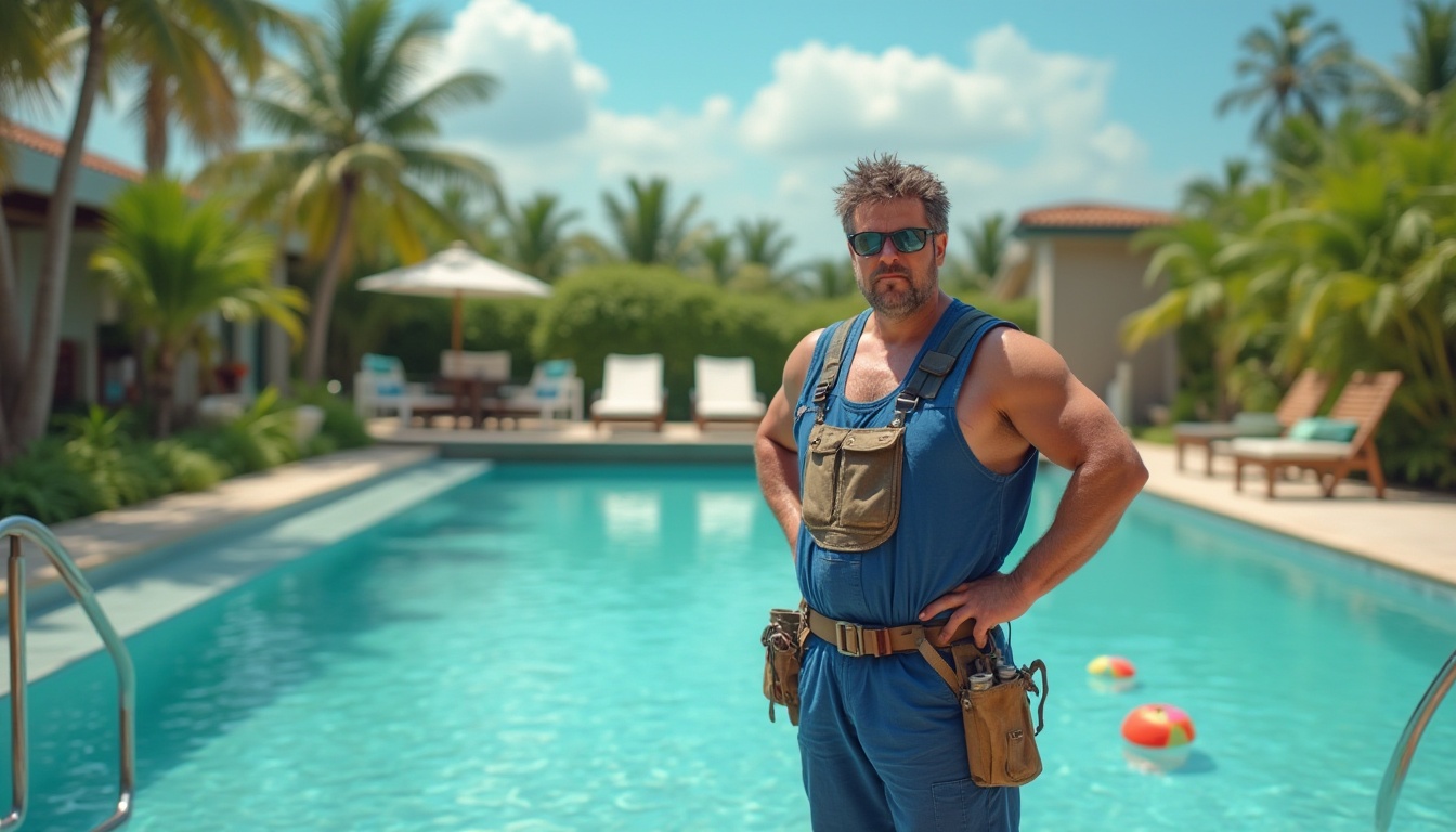 Prompt: Maintenance staff, mature man, muscular build, blue overalls, tool belt, sunglasses, messy hair, serious expression, standing near poolside, Chukum pool, clear turquoise water, sunny day, few puffy clouds, lush greenery surrounding the area, palm trees swaying gently, colorful beach balls floating on the surface, steps and handrails made of rust-proof metal, cleaning equipment scattered around, soft focus background, natural lighting, shallow depth of field.