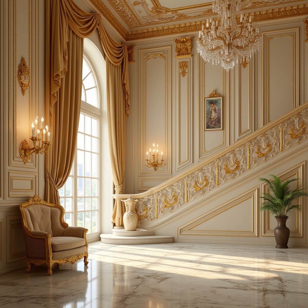 Prompt: Baroque interior design, luxurious atmosphere, cream color walls, ornate golden frames, intricate patterns, lavish furnishings, velvet drapes, marble floors, crystal chandeliers, grandiose staircase, richly carved wooden panels, soft warm lighting, cinematic composition, 3/4 view, Renaissance-inspired architecture, opulent decorations, antique vases, fresco ceiling.