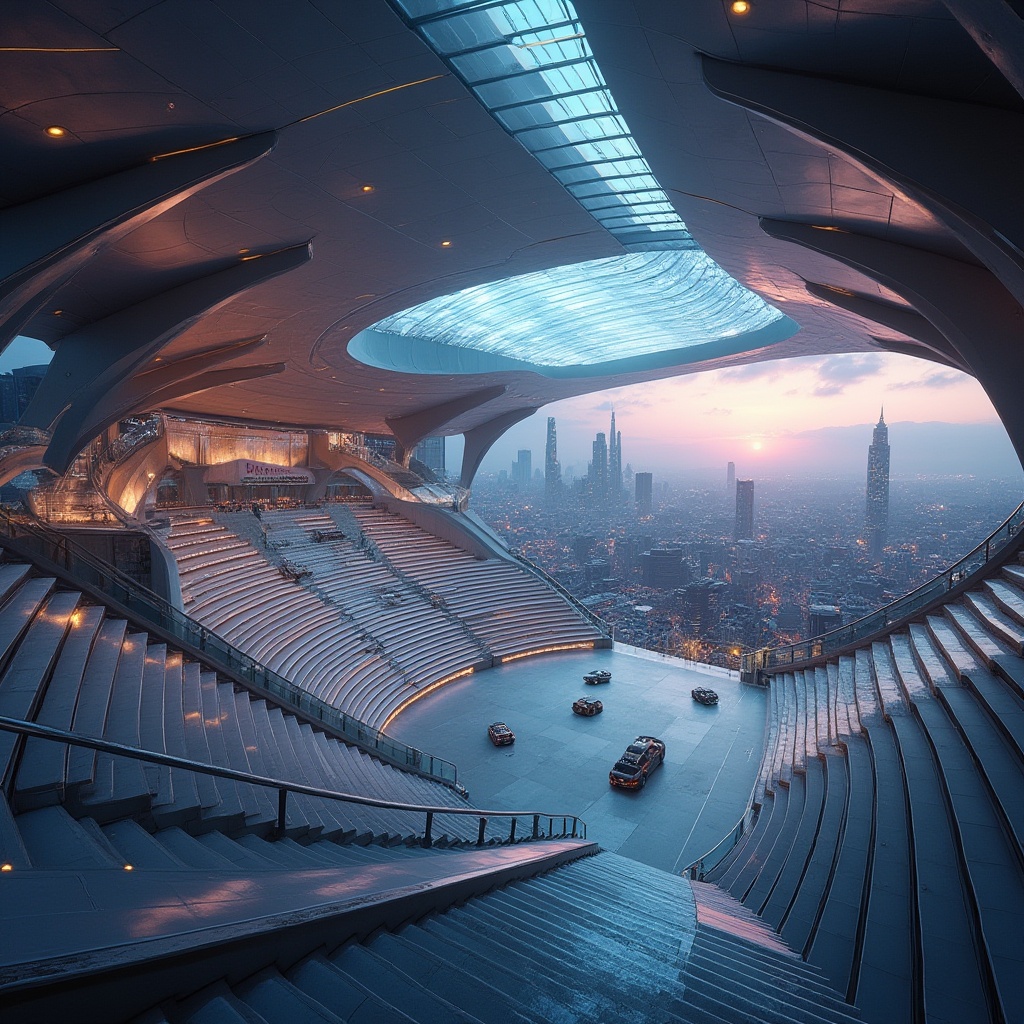 Prompt: Futuristic amphitheater, innovative architecture, majestic structure, grand stairs, sleek lines, metallic materials, glass ceilings, vibrant LED lights, evening atmosphere, panoramic view, cityscape, skyscrapers, bustling streets, 3/4 composition, cinematic lighting, futuristic ambiance.