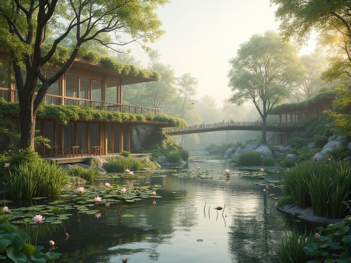 Prompt: Wetland scene, modern eco-friendly architecture, integrating natural elements, water features, green roofs, wooden bridges, walking trails, observation decks, bird watching, nature reserve, serene atmosphere, misty morning, warm sunlight filtering through trees, lush vegetation, diverse aquatic life, lotus flowers, cattails, soft ripples on the water surface, ambient lighting, shallow depth of field, panoramic view, cinematic composition.