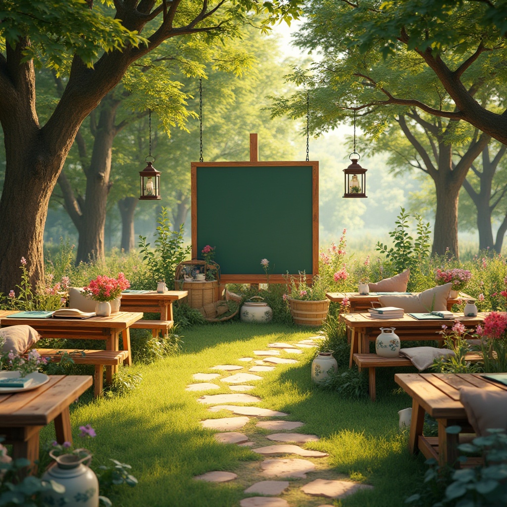 Prompt: Meadow-inspired learning environment, warm sunlight filtering through, green grass carpet, colorful wildflowers blooming, gentle breeze whispering, wooden benches scattered, vintage lanterns hanging from trees, chalkboard in center, surrounded by lush foliage, soft cushions and pillows in natural fabrics, woven baskets filled with books and stationery, flowers-patterned ceramic vases, warm beige stone pathway, serene atmosphere, panoramic view, 3/4 composition, soft lighting, cinematic ambiance.