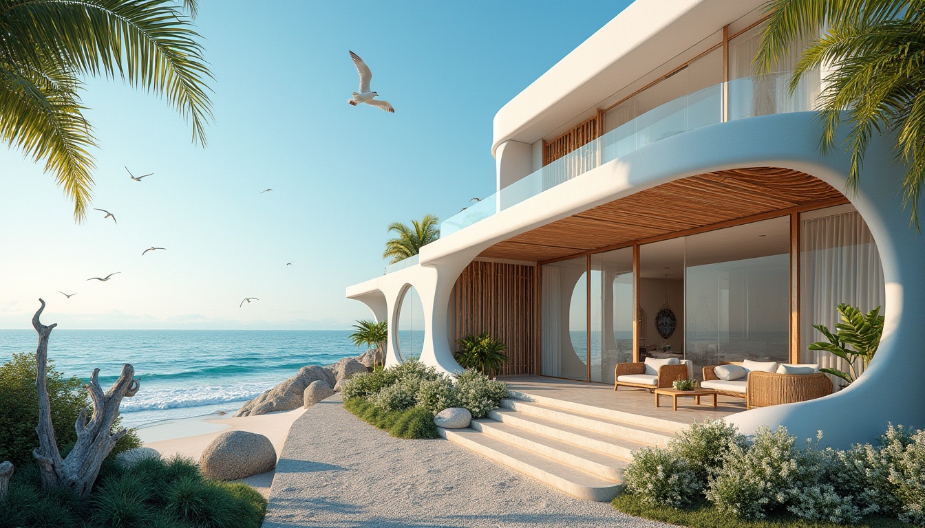 Prompt: Coastal villa, combining traditional and modern architecture, white walls, wooden accents, curved lines, minimalist details, large windows, ocean view, balcony with glass railings, wicker furniture, beachy atmosphere, palm trees, sunny day, blue sky, seagulls flying overhead, gentle sea breeze, natural texture, stone foundation, rustic pathway leading to the entrance, lush greenery, driftwood decorations, nautical elements, soft warm lighting, 3/4 composition, panoramic view.