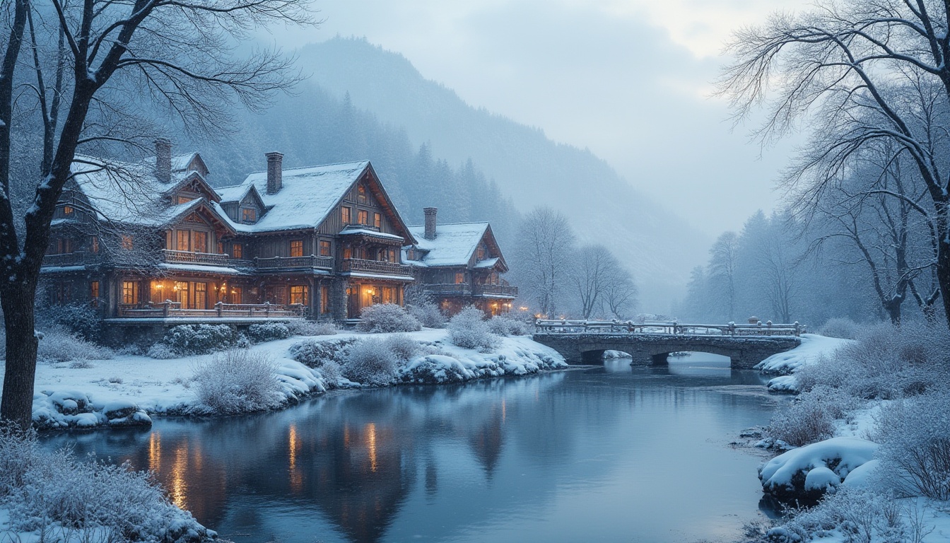 Prompt: Winter riverbank housing design, snow-covered roofs, frozen riverside, icy trees, frosty windows, wooden bridges, snowflakes gently falling, warm lighting inside, cozy atmosphere, soft focus, shallow depth of field, peaceful composition, winter wonderland, serene landscape, misty morning, cold tone color palette, frozen lake, distant mountains, snowy forest, snow-covered pathways.