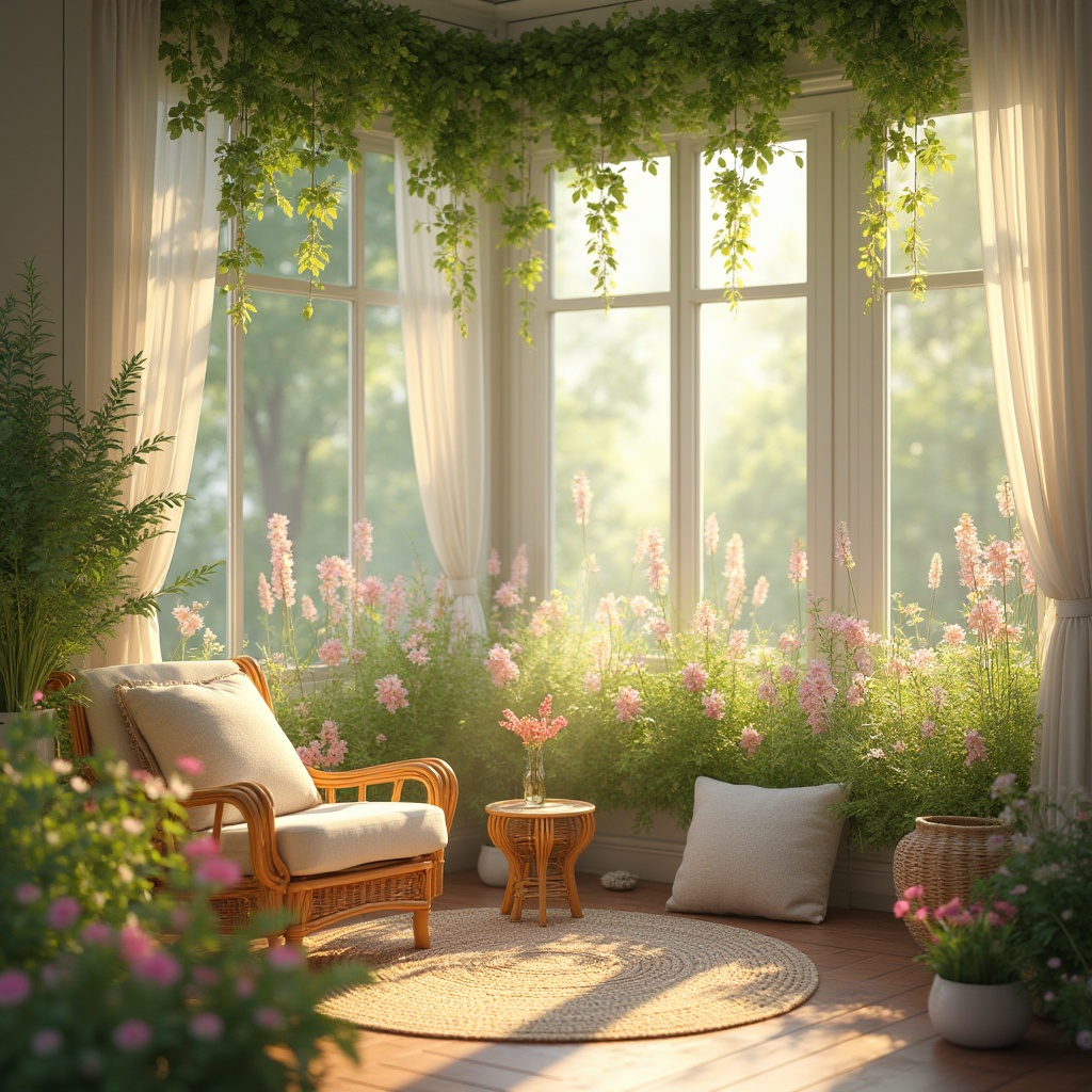 Prompt: Vibrant meadow interior, flowers blooming in vases, lush greenery hanging from ceiling, natural light pouring through large windows, wooden floorboards, wicker furniture, soft cushions, pastel colors, warm ambiance, 3/4 composition, shallow depth of field, morning sunlight, relaxed atmosphere, cozy reading nook, nature-inspired decorative objects, gentle breeze blowing curtains.