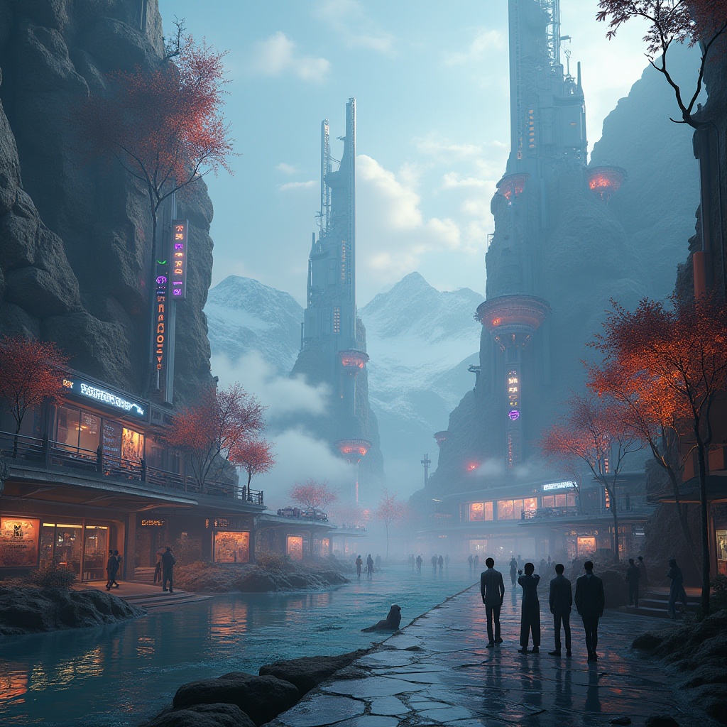 Prompt: Futuristic plateau environment, high-tech style, neon lights, sleek metal structures, holographic advertisements, towering skyscrapers, levitating vehicles, robotic pedestrians, metallic trees with glowing leaves, misty fog rolling in, distant mountains with sharp peaks, 3/4 composition, low-angle shot, cinematic lighting, vibrant colors, intricate details, atmospheric perspective.