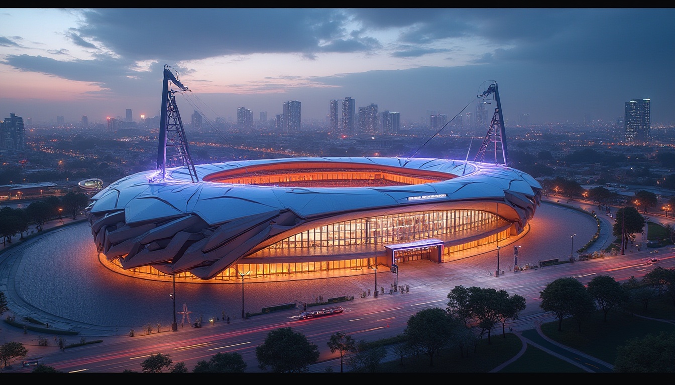 Prompt: Modern stadium, futuristic architecture, sleek lines, vibrant LED lights, large glass facades, cantilevered roofs, grand entrance, intricate structure, fiber-cement material, textured surface, urban landscape, cityscape, evening atmosphere, warm lighting, shallow depth of field.