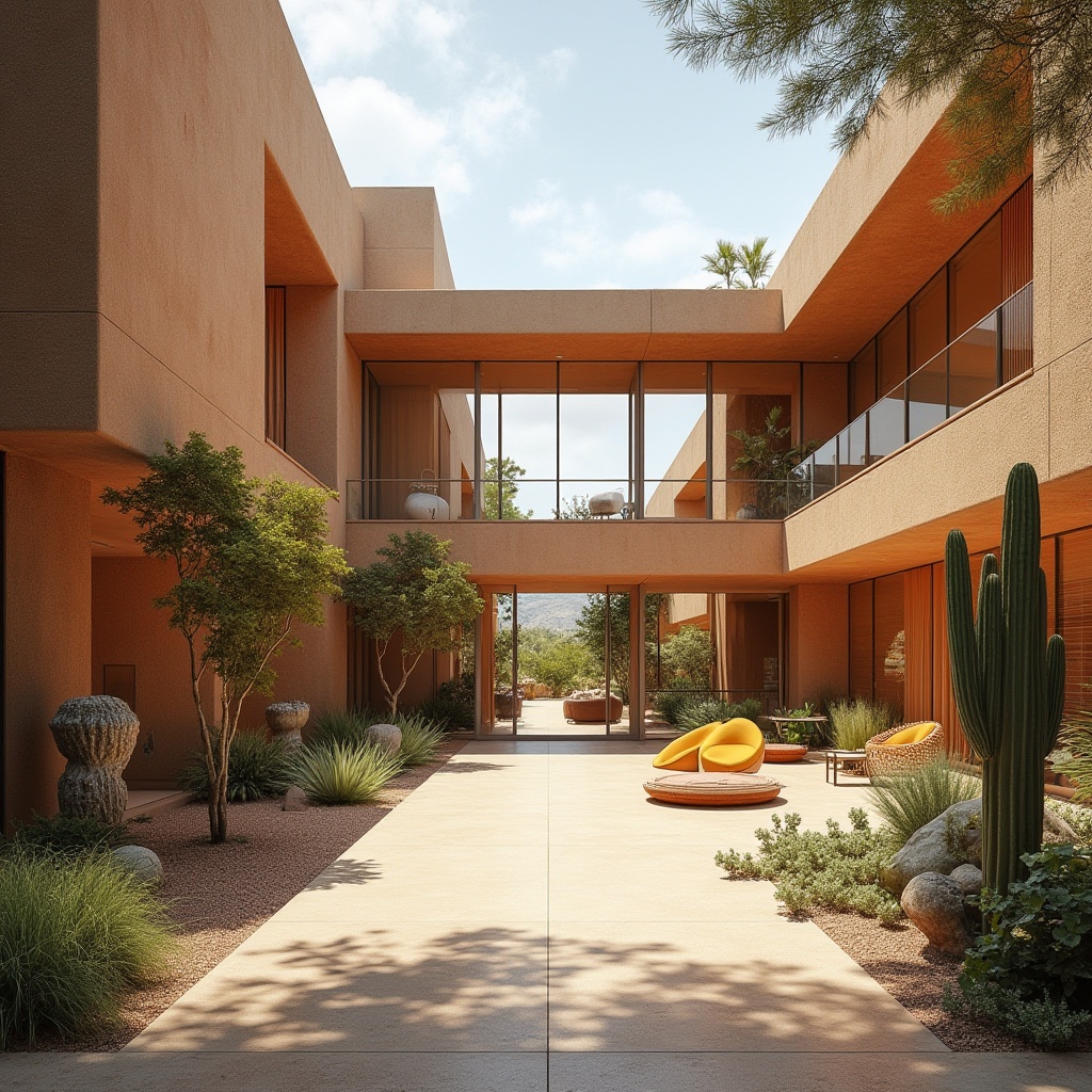 Prompt: Desert-inspired architecture, visual arts center, grand entrance, rust-colored stone walls, sleek glass facade, angular lines, cantilevered roofs, sweeping curves, lush greenery, cacti, succulents, wooden accents, natural light pouring in, panoramic views of surrounding landscape, dramatic shadows, warm beige tones, earthy textures, abstract sculptures, modern furniture, floor-to-ceiling windows, open spaces, artistic installations, vibrant color pops, dynamic angles, 3/4 composition, soft warm lighting.