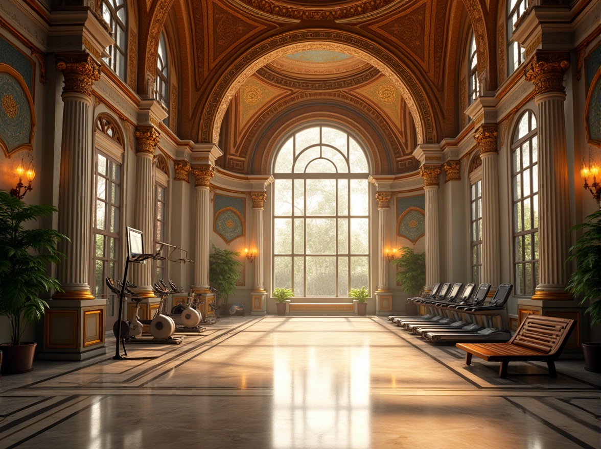 Prompt: Byzantine style gymnasium, luxurious interior, high ceilings, ornate columns, intricate mosaics, stained glass windows, gleaming marble floors, golden accents, athletic equipment, basketball hoops, treadmills, exercise bikes, mirrored walls, spotlights, warm lighting, afternoon sunbeams, dramatic shadows, atmospheric perspective, detailed textures, realistic reflections, antique wooden benches, lush green plants, elegant curves, symmetrical composition, cinematic ambiance.