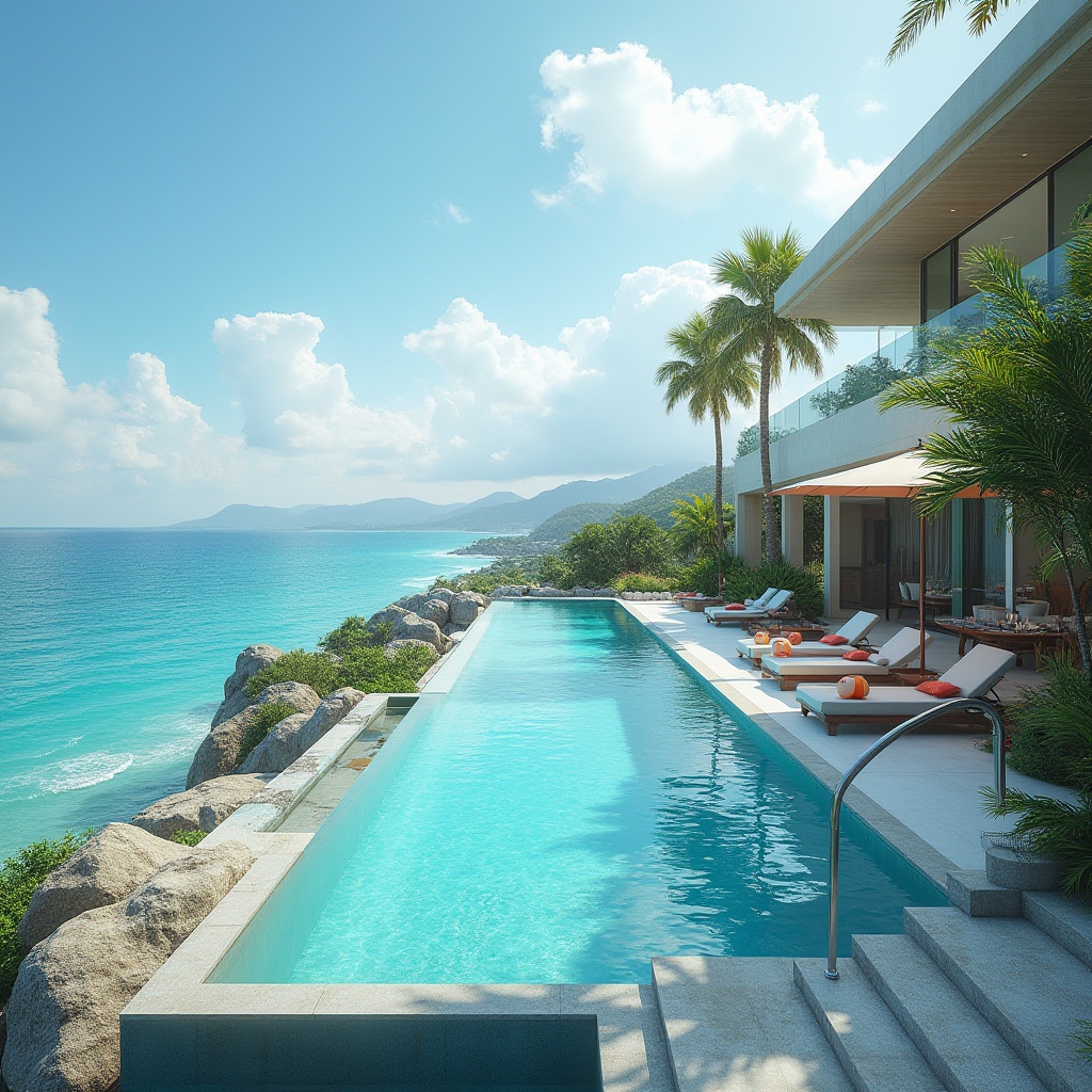 Prompt: Island, luxurious villa, infinity pool, maximized space, functional design, modern architecture, sleek lines, minimalist decor, turquoise water, ocean view, sunny day, clear sky, palm trees, lounge chairs, umbrella, beach balls, swimwear, sunglasses, tropical plants, natural stone, glass fence, stairway, upper deck, panoramic view, 3/4 composition, soft lighting, cinematic atmosphere.