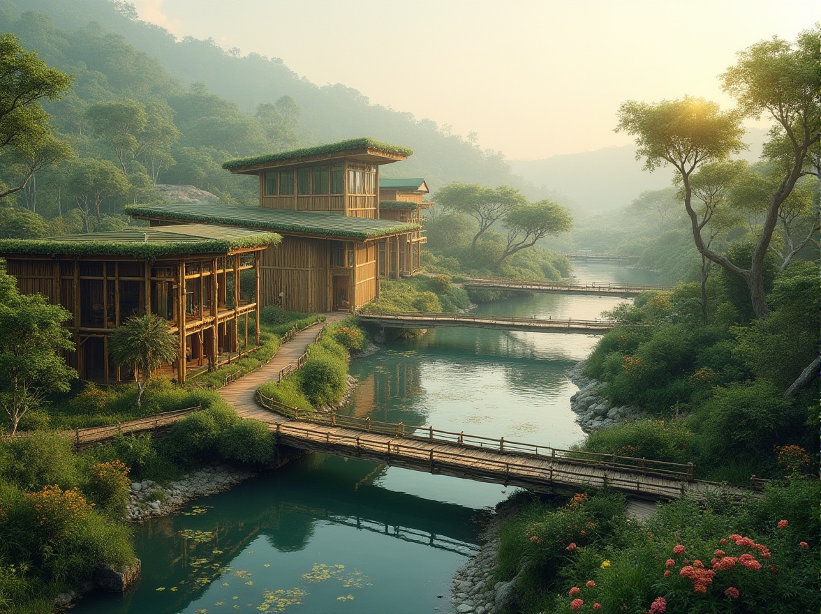 Prompt: Eco-friendly wetland architecture, modern sustainable building, green roofs, solar panels, rainwater harvesting system, natural ventilation, recycled materials, bamboo structure, wooden bridge, winding waterways, lush greenery, vibrant wildflowers, serene lake, misty morning, soft golden light, panoramic view, 3/4 composition, ambient lighting, cinematic atmosphere.