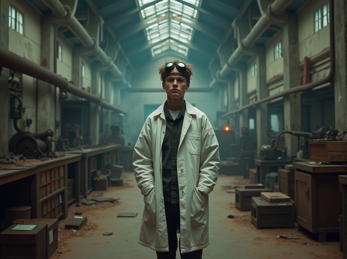 Prompt: Industrial factory, abandoned machinery, rusty pipes, worn concrete walls, dim fluorescent lighting, atmospheric steam, old wooden crates, scattered tools, majestic high ceilings, vast open space, solitary figure in white lab coat, goggles on forehead, messy brown hair, intense gaze, hands in pockets, standing amidst chaos, warm color tone, cinematic composition, shallow depth of field, film grain texture.