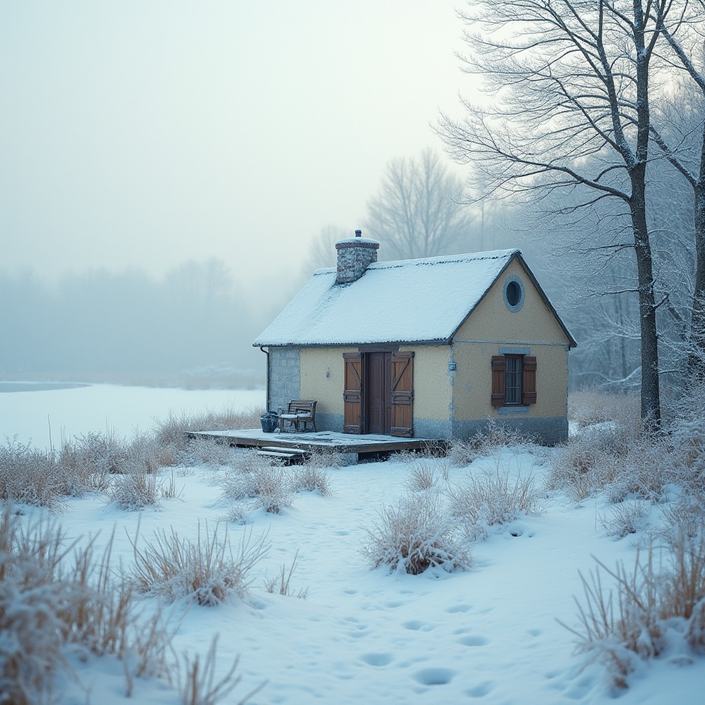 Prompt: Winter riverbank housing design, snowy scenery, frosty mist, icy blue tone, creamy white snow, pale silver roof, warm beige walls, dark brown wooden doors, frozen lake in background, bare trees, misty atmosphere, soft focus, low-angle shot, cinematic composition, cold ambient light, morning dew, frosty grass.