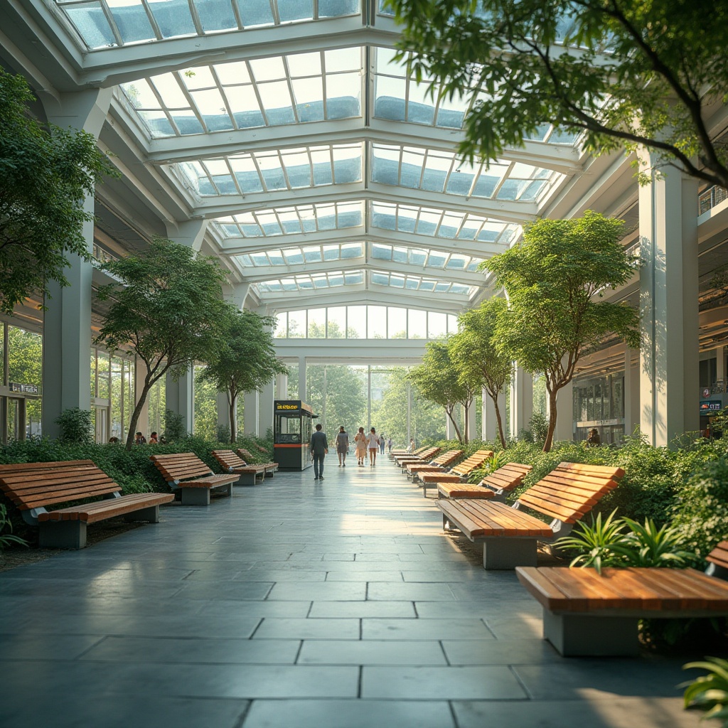 Prompt: Modern bus station, eco-friendly architecture, green roof, solar panels, rainwater harvesting system, recycling facilities, energy-efficient LED lighting, natural ventilation, open atrium, wooden benches, living walls, lush greenery, urban forestry, bustling cityscape, morning commute, soft natural light, shallow depth of field, symmetrical composition, vibrant colors.