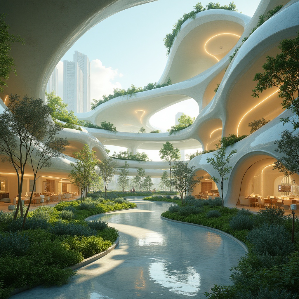 Prompt: Organic architecture, futuristic buildings, curved lines, green roofs, sustainable materials, natural light, open spaces, circular structures, eco-friendly design, modern cityscape, urban planning, innovative engineering, 3D modeling, photorealistic rendering, detailed textures, vibrant colors, panoramic view, low-angle shot, cinematic composition, ambient lighting.