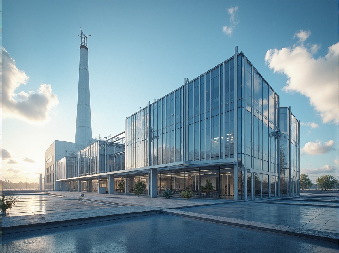 Prompt: Modern energy plant, structuralism style, futuristic architecture, steel beams, glass facade, sleek lines, minimalist design, urban landscape, cityscape, blue sky, white clouds, sunny day, warm light, dramatic shadows, low-angle shot, cinematic composition, 3/4 view, ambient occlusion, high-contrast lighting.