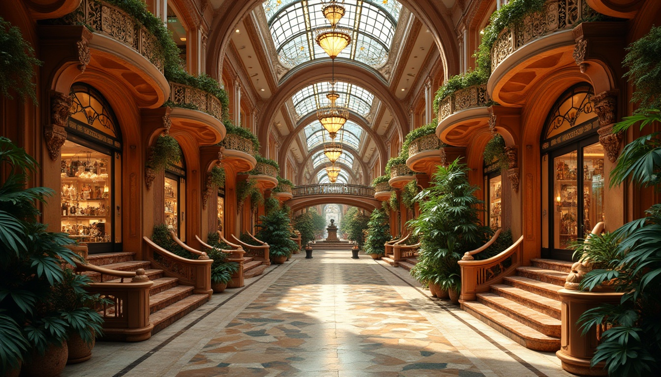 Prompt: Art Nouveau shopping center, grand interior, bronze color accents, ornate metalwork, flowing curves, luxurious chandeliers, marble floors, high ceilings, intricate mosaics, stained glass windows, warm lighting, dramatic archways, elegant staircases, lush greenery, exotic plants, upscale atmosphere, sophisticated composition, low-angle shot, soft focus, cinematic lighting.