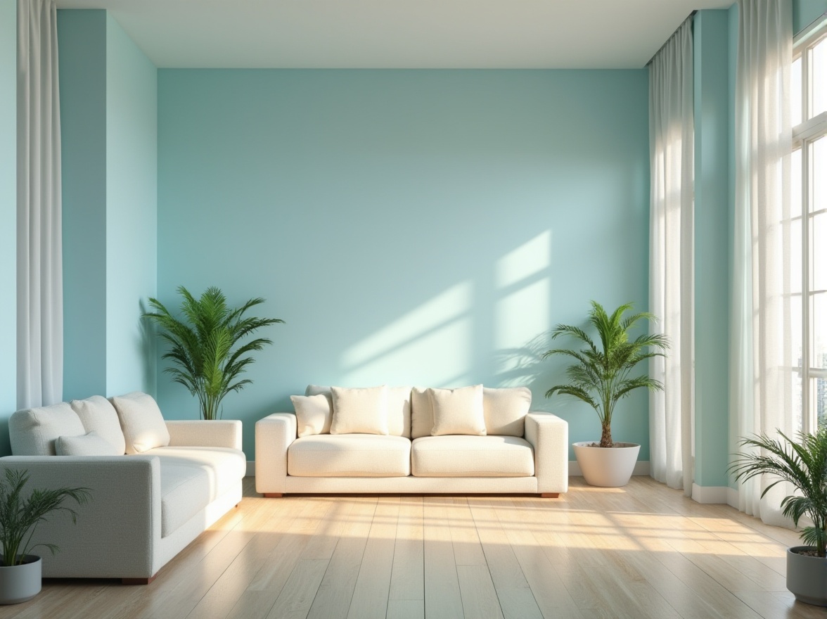 Prompt: Light blue walls, villa, residential area, calm atmosphere, soft natural light, gentle shadows, modern minimalistic furniture, cream-colored sofas, white curtains, potted plants, wooden floor, large windows, panoramic view, 3/4 composition, shallow depth of field, warm and soft ambient lighting.