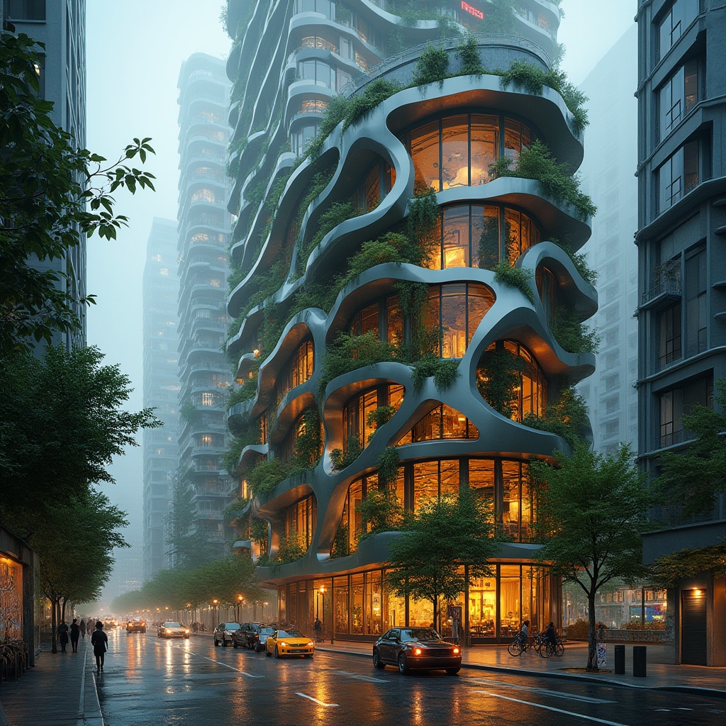 Prompt: Urban skyscraper, modern cityscape, curved lines, green roofs, vertical gardens, living walls, organic shapes, natural materials, wooden accents, steel beams, glass facades, futuristic vibe, evening ambiance, warm lighting, misty atmosphere, rainy day, reflections on wet pavement, urban jungle, busy streets, eclectic neighborhood, artistic graffiti, trendy cafes, pedestrian zone, bicycles, street performers, vibrant colors, dramatic shadows, cinematic composition, HDR, wide-angle lens.