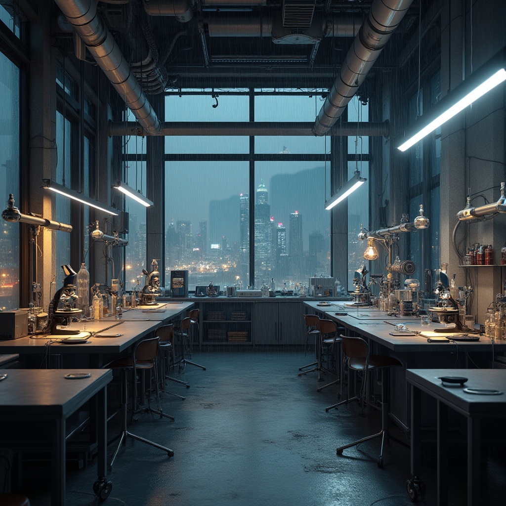 Prompt: Laboratory constructivism style, futuristic laboratory interior, steel tables, microscopes, beakers, test tubes, complex machinery, neon lights, metallic surfaces, concrete walls, minimalist decor, modern architecture, sleek lines, industrial atmosphere, high ceilings, large windows, cityscape view, urban landscape, rainy night, misty glass, warm lighting, shallow depth of field, cinematic composition.