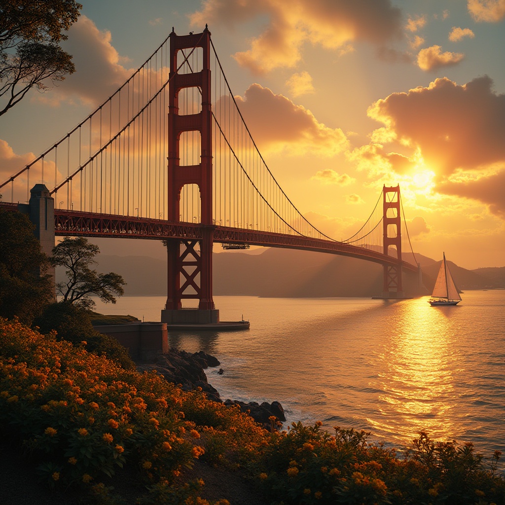 Prompt: Golden bridge, sunset time, warm golden lights illuminating the structure, ornate iron railings, intricate stone carvings, majestic arches, soft mist surrounding the pillars, lush greenery with yellow and orange flowers blooming beneath, gentle water flow underneath, few sailboats passing by, distant cityscape in the background, 3/4 composition, warm and soft ambient lighting, cinematic atmosphere, vibrant golden hues reflecting off the calm water.