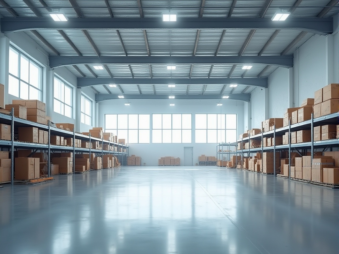 Prompt: Distribution center, warehouse, white walls, high ceiling, fluorescent lights, metal shelves, organized storage, reflective floor, minimal decor, clean atmosphere, efficient workflow, natural light, large windows, industrial chic, modern design, bright ambiance, 3/4 composition, softbox lighting.