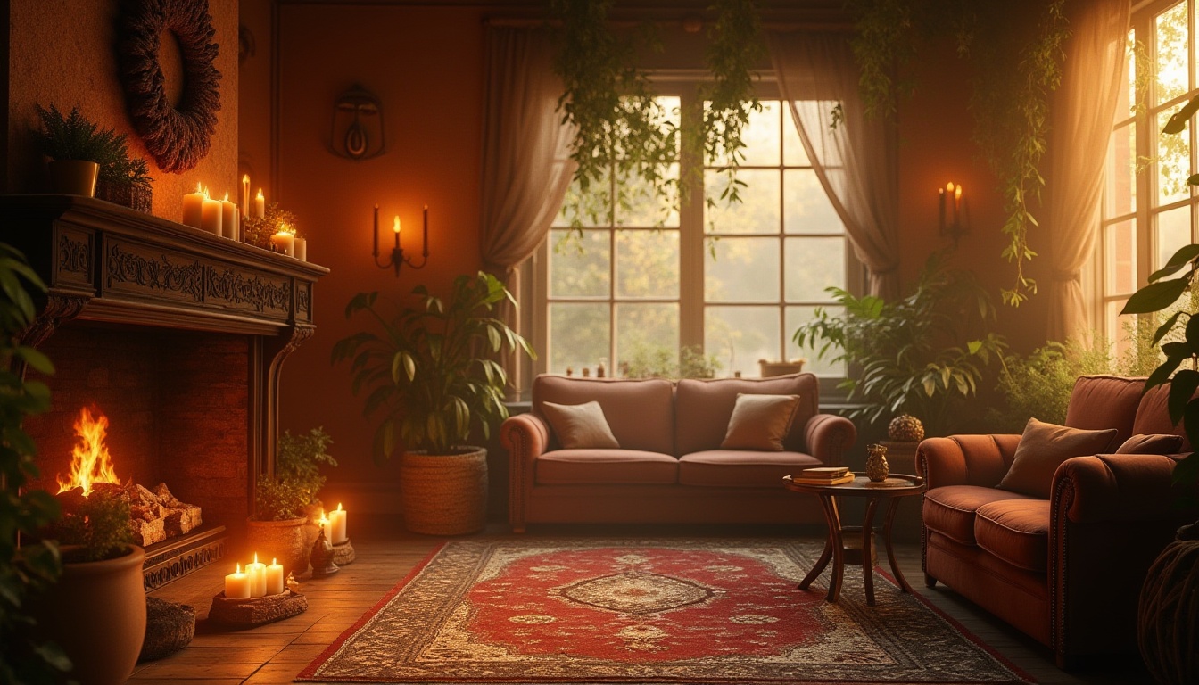 Prompt: Warm, cozy atmosphere, ochre color palette, vintage tone, golden lighting, soft focus, blurred background, intimate setting, candlelit, fireplace, wooden furniture, velvet upholstery, lush greenery, potted plants, ornate frames, distressed textures, rustic wood, woven baskets, ambient smoke, warm mist, foggy windows, morning sunlight, serene ambiance.