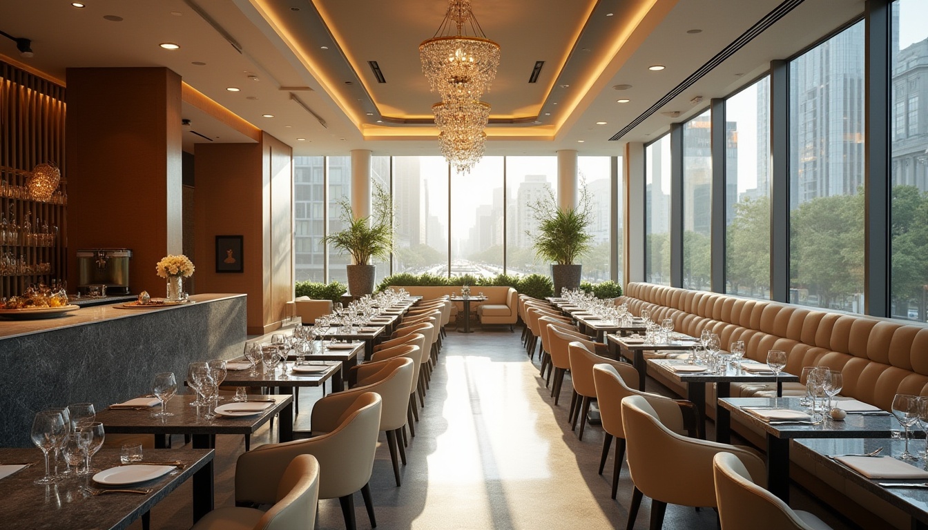 Prompt: Modern dining hall, luxurious interior, granite countertops, polished dark grey granite tables, elegant chairs, cream-colored walls, crystal chandelier, soft warm lighting, morning sunlight, floor-to-ceiling windows, urban skyscraper view, busy city streets, 3/4 composition, shallow depth of field, cinematic mood, high-end ambiance.