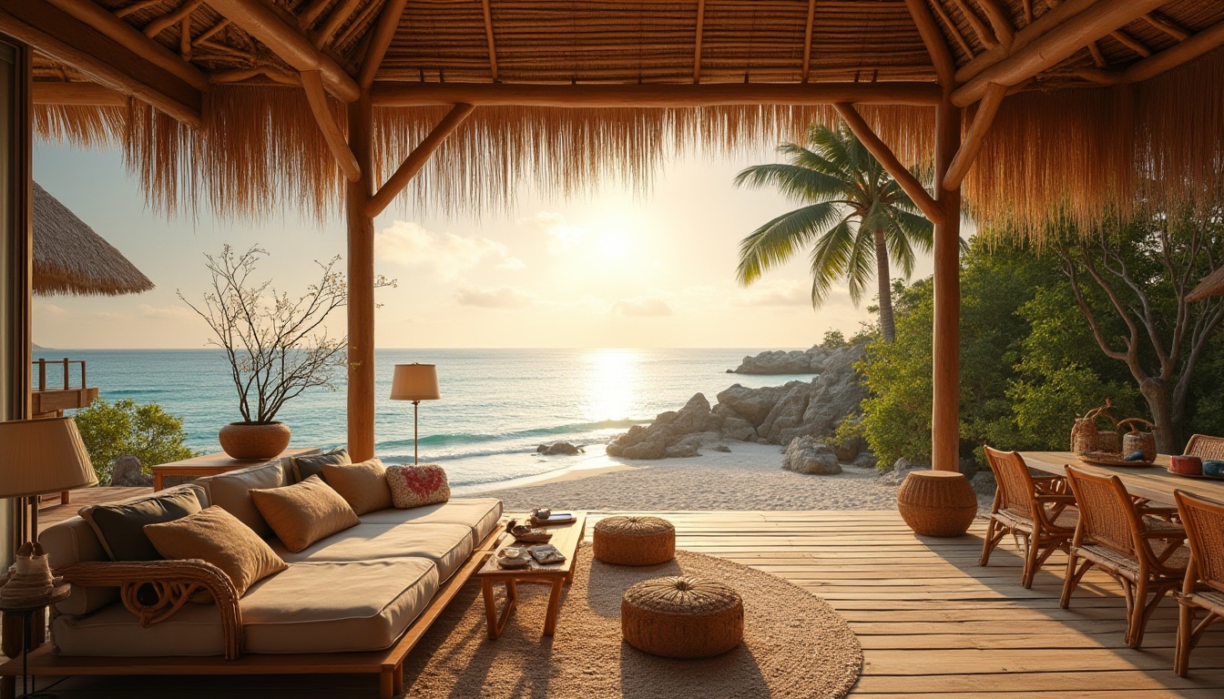 Prompt: Beachside villa, tropical island, bamboo material, woven bamboo furniture, natural texture, organic shape, driftwood decoration, seashell ornament, ocean view, palm trees, sandy beach, warm sunlight, gentle breeze, coastal erosion, rocky shoreline, minimalist interior design, eco-friendly architecture, sustainable building, bamboo roof, wooden deck, rattan chairs, nautical ropes, sunset ambiance, soft focus, warm color tone, cinematic composition.