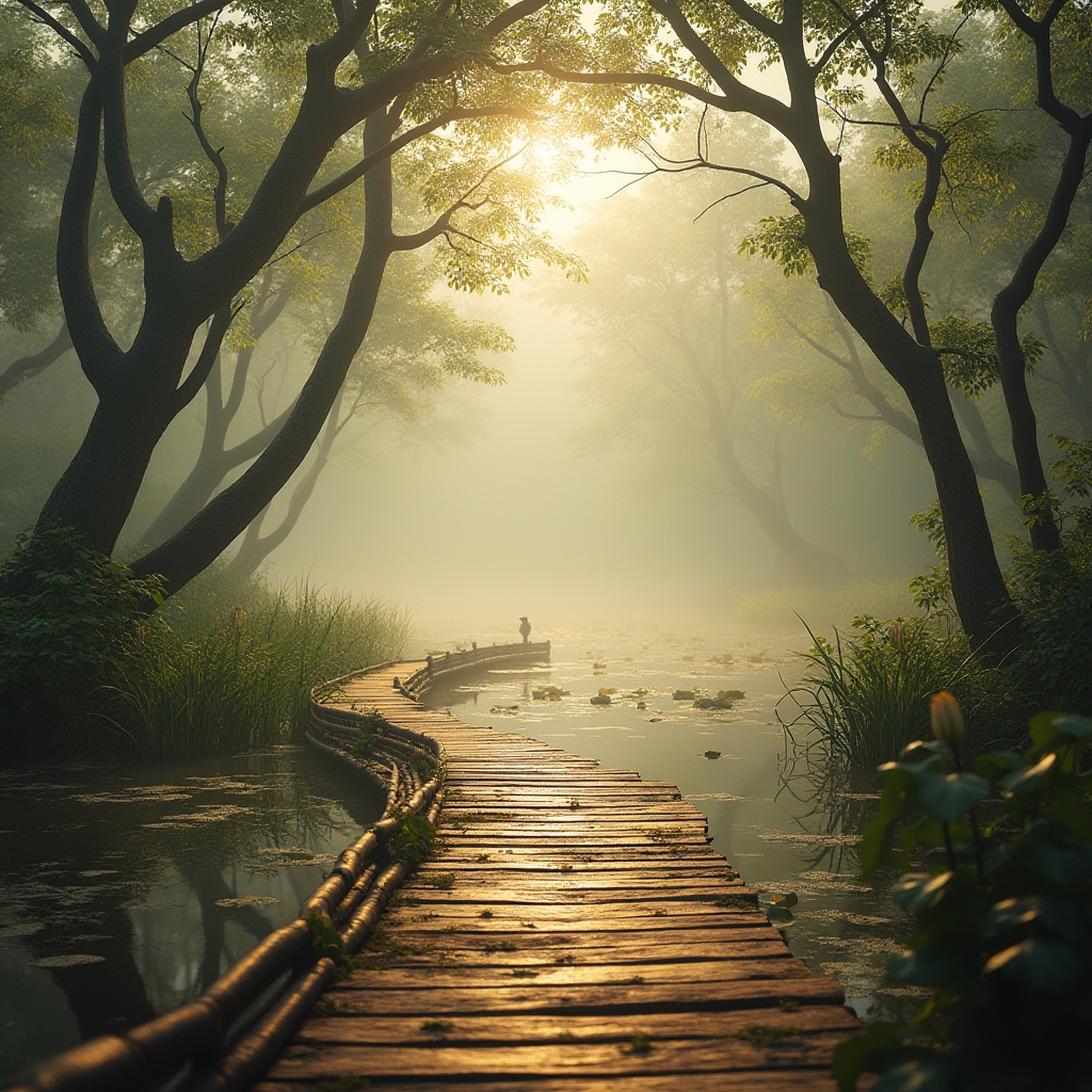 Prompt: Wetland landscape, incorporating coffee color, serene atmosphere, misty morning, warm sunlight, soft reflections on water surface, lush green vegetation, twisted tree branches, wooden boardwalk, worn and weathered texture, earthy smell, gentle ripples on the water, few water lilies blooming, a solitary bird perched on a branch, peaceful ambient sound, shallow depth of field, warm and cozy color palette, coffee-colored accents on wooden elements, natural and organic composition, harmonious balance between nature and human design.