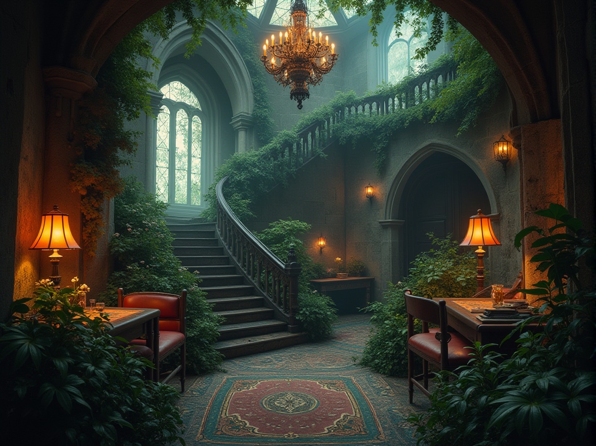 Prompt: Mysterious hostel, meadow-inspired interior, gothic elements, grand chandelier, dim warm lighting, ornate stone walls, stained glass windows, velvet drapes, luxurious furnishings, mystical symbols etched on wooden furniture, winding staircase, eerie atmosphere, misty morning, wildflowers blooming in every corner, lush greenery, ancient trees surrounding the hostel, mysterious fog, subtle backlighting, cinematic composition, dreamlike ambiance.