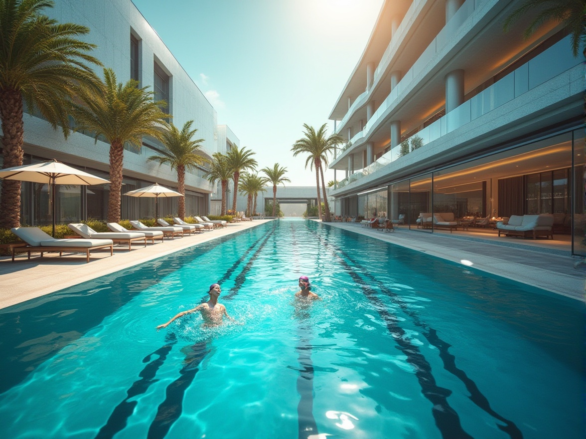 Prompt: Modern swimming pool, futuristic architecture, sleek lines, metallic materials, LED lights, turquoise water, wave patterns, athletic men and women, swimsuits, goggles, swimming caps, pool lanes, diving boards, lounge chairs, umbrellas, tropical plants, sunny day, soft focus, shallow depth of field, atmospheric mist, warm glow lighting, 3/4 composition.