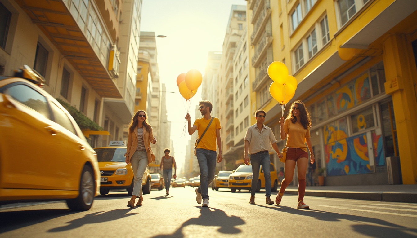 Prompt: Urban cityscape, sunny day, vibrant yellow buildings, modern architecture, bright yellow taxis, street art mural with yellow hues, happy pedestrians walking, holding yellow balloons, smiling faces, casual wear with yellow accents, sunglasses, jeans, sneakers, street lamps casting long shadows, warm sunlight, low-angle shot, dynamic composition, shallow depth of field, bold lines and shapes, playful atmosphere.