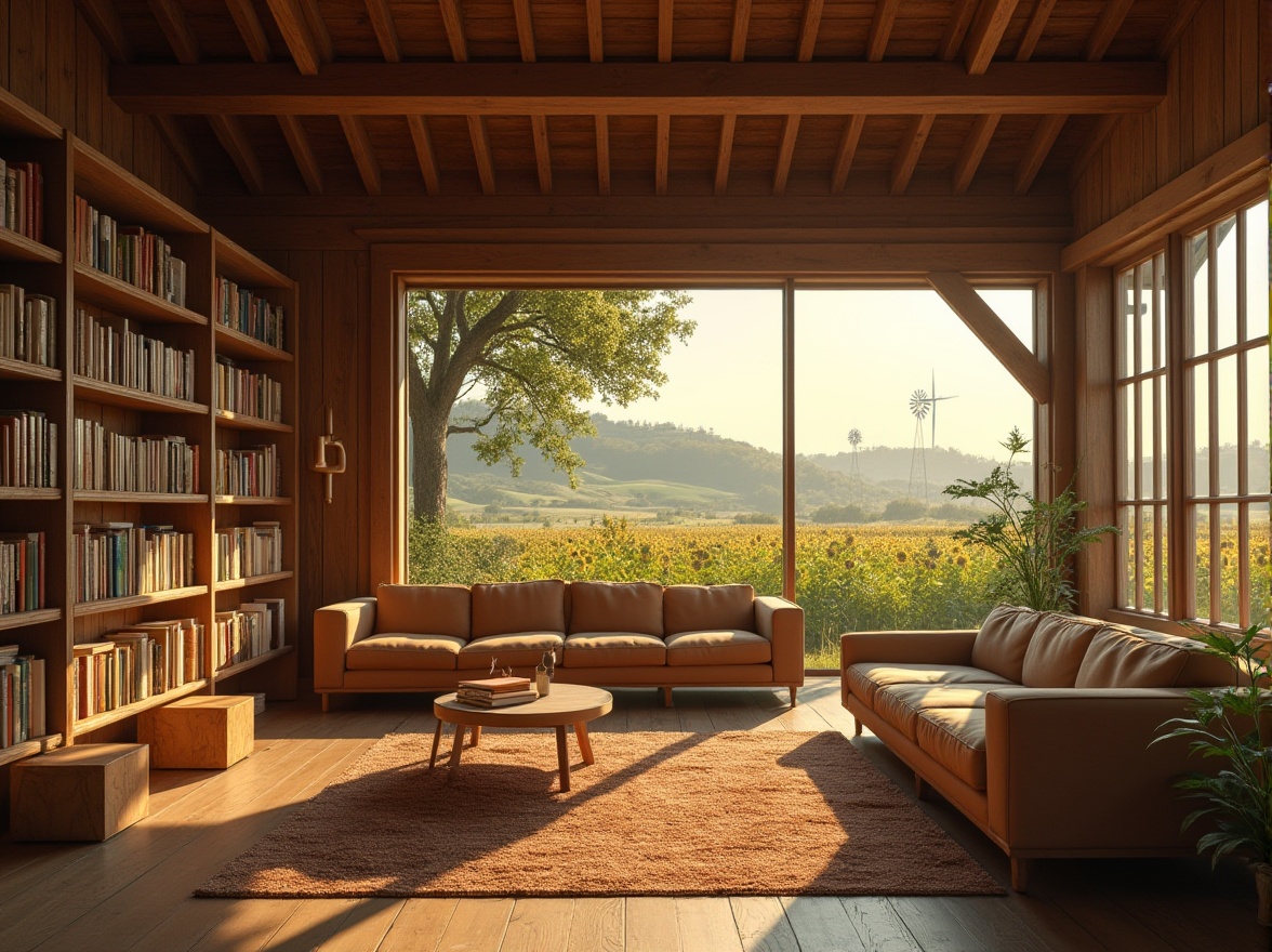 Prompt: Rural library, modern farmhouse style, surrounded by vast farmlands, rolling hills, green pastures, scattered farmhouses, windmills, and sunflowers, warm afternoon sunlight, soft golden lighting, wooden exterior, large windows, cozy reading nooks, comfortable sofas, bookshelves made of natural wood, earthy tone color scheme, minimalist decorations, peaceful atmosphere, 3/4 composition, shallow depth of field, cinematic mood, warm color palette, idyllic scenery.