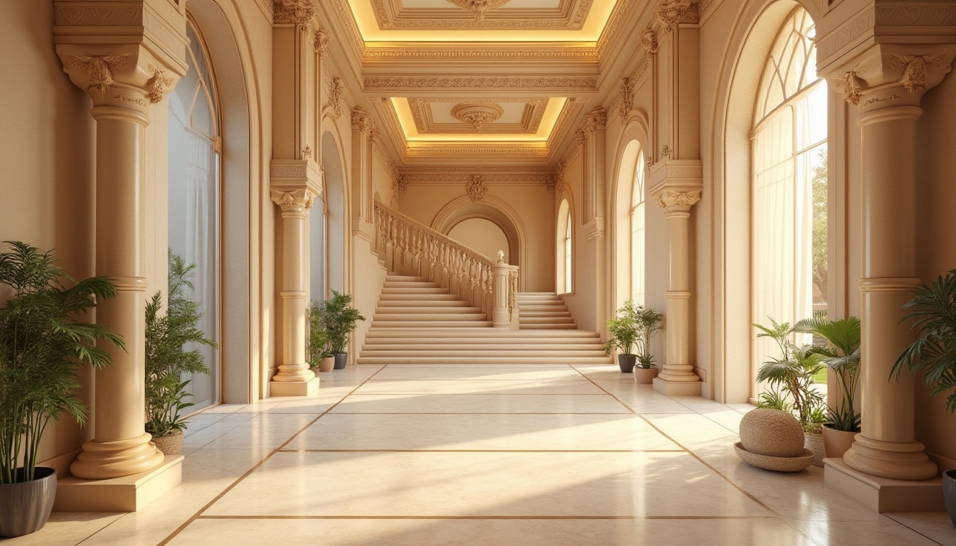 Prompt: Interior design, architectural detail, plaster material, decorative ceiling, ornate molding, soft warm lighting, luxurious ambiance, grand staircase, marble floor, lavish villa, Mediterranean style, warm beige color tone, smooth texture, intricate pattern, subtle shine, elegant atmosphere, 3/4 composition, low-angle shot, natural light streaming through windows.