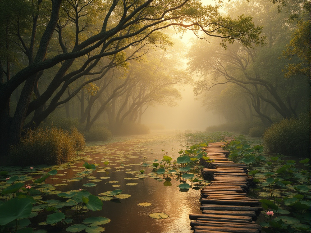 Prompt: Wetland scenery, incorporating coffee color, serene atmosphere, misty morning, lush greenery, twisted tree branches, coffee-brown water, murky reflections, wooden boardwalk, winding through reeds, lotus flowers blooming, subtle ripples on the water surface, warm soft lighting, shallow depth of field, natural texture, organic composition.